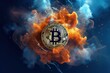 orange and blue smoke with a big bitcoin