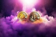 two crypto coins with purple background
