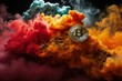 colorful smoke with gold crypto coin
