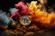 gold coin with colorful smoke