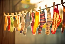 Clothesline With Colorful Hangi Socks Illustration. Ai Generative.