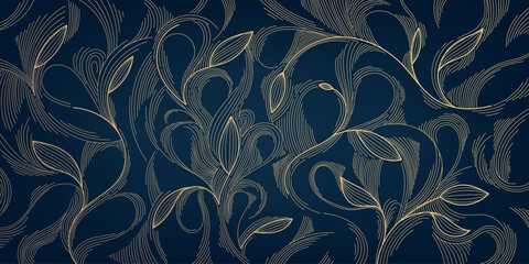 Vector art deco luxury floral line pattern, golden leaves background. Hand drawn wavy nature illustration for packaging, cover, banner, creative post and wall arts. Japanese style.