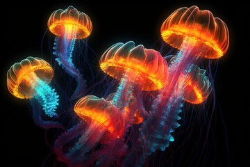 Wall Mural - Glowing sea jellyfish on a dark background neural illustration. Ai generative.