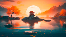 Zen Mindfulness Beautiful Stone Stack Outdoors Background 