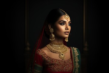 Wall Mural - Portrait of a beautiful female of Indian ethnicity wearing traditional bridal costumes and jewellery in a dark background