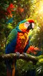 An adult Ara parrot sits on a tree branch in a tropical forest. A neotropical genus of ara with rainbow-coloured wings. Illustration. Digital painting. Generative AI.