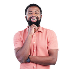 Happy, smile and portrait of an African man with a positive, good and confident mindset. Happiness, excited and young male model in a casual outfit for fashion isolated by transparent png background.