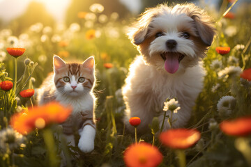 Wall Mural - Kitten and puppy in a flower meadow