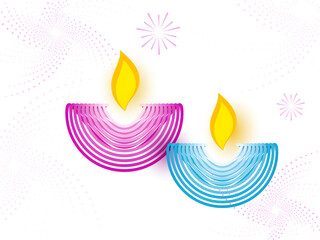 Sticker - Happy Diwali Celebration Concept With Creative Lit Oil Lamps in Pik and Blue Color.