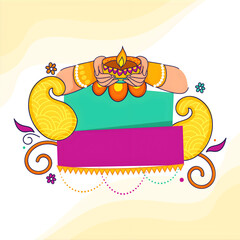 Sticker - Happy Diwali Concept With Female Hands Holding Lit Oil Lamp (Diya) and Empty Frame for Your Message.