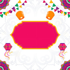 Poster - Shubh (Happy) Diwali Text Over Pink Frame With Sky Lanterns, Kandil Hang And Bunting Flags Decorated Mandala Pattern Background.