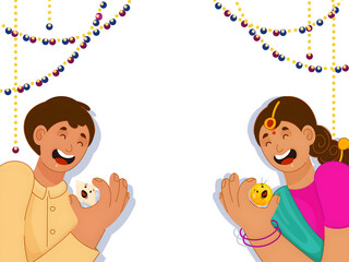 Poster - Happy Diwali Celebration Concept with Indian Young Boy and Girl Holding Sweets in Lighting Garland Decorated Background.