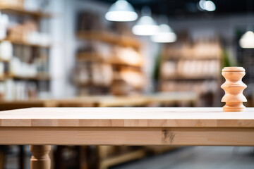 Wall Mural - Top of surface wooden table with blurred grocery store  background.