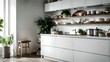 Interior photograph of a bright modern kitchen with white shelves and white walls, beautiful mood, realistic style - Ai generative