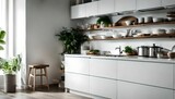Fototapeta Niebo - Interior photograph of a bright modern kitchen with white shelves and white walls, beautiful mood, realistic style - Ai generative
