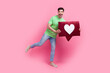 © deagreez - Full length photo marketing agency service advert young guy hold your future popularity symbol heart like isolated on pink color background