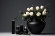 Black Urn, White Roses, Burning Candles At Funeral