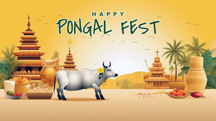 Poster - Tamil Nadu festival Happy Pongal with Pongal props, holiday Background, Indian Harvest Holiday