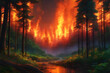 Forest fire disaster illustration, trees burning  wildfire nature destruction, damaged environment caused by global warming and human error