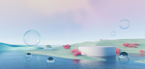 Wall Mural - 3d render, abstract surreal pastel landscape background with arches and podium for showing product, 