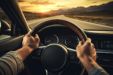 hands of car driver on steering wheel road trip drive