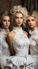 Wall Mural - Three beautiful girls in white wedding dresses with hair coloring in ultra blond. Stylish hairstyle curls done in a beauty salon. Fashion, cosmetics and makeup. Model illustration. Generative AI