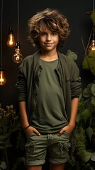 Wall Mural - Full body little small smiling happy boy 6-7 years old wearing green t-shirt hod hands crossed folded look camera on background. People portrait illustration. Generative AI