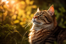 Generative AI Picture Of Funny Cute Fluffy Cat Enjoying Connection With Nature Yard Outdoors Early Morning