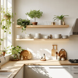 Fototapeta Na sufit - Interior photograph of a bright modern kitchen with white shelves and white walls, beautiful mood, realistic style - Ai generative