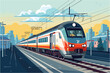 Train on the railway, Train rides arrives at the station, Vector illustration