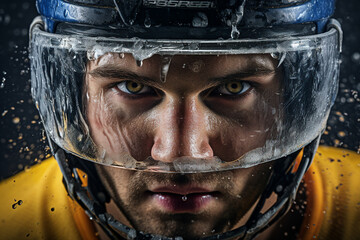 Poster - Ice hockey player sportsman in helmet serious facial expression Generative AI portrait closeup