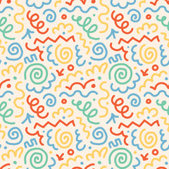 Squiggle cute naive seamless pattern. Creative bright scribble abstract style. Colored naive background illustration. Simple hand drawn wallpaper print.