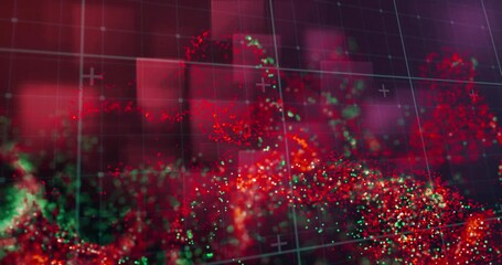 Wall Mural - animation of red and green digital wave over purple square shapes floating against black background