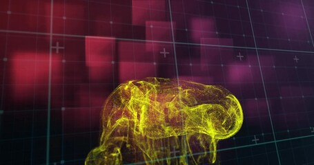 Wall Mural - animation of yellow digital wave over purple square shapes floating against black background