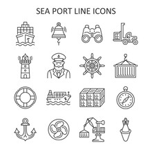Sea Port Line Icon Set. Shipping Industry Collection With Ship, Captain, Container, Bell, Anchor, Crane, Reach Stacker, Compass. Vector Illustration.