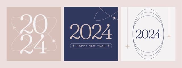 Wall Mural - Modern aesthetic 2024 Happy New Year templates. Minimalist design for social media, posters, cards. Vector illustration