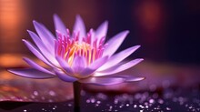  A Purple Water Lily In The Middle Of A Pond Of Water.  Generative Ai