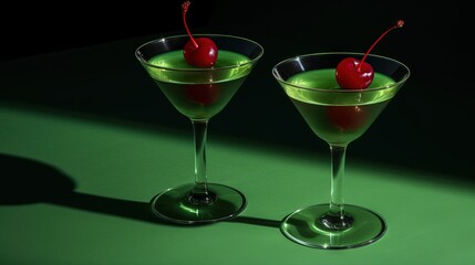  two glasses of green liquid with two cherries in them.  generative ai