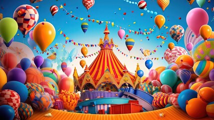  a circus tent surrounded by balloons and streamers in the sky.  generative ai