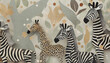 illustrazione sfondo a tema faunistico, zebre e giraffe con elementi astratti