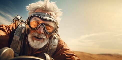 AI generated illustration of a closeup of an elderly man with goggles riding a motorcycle