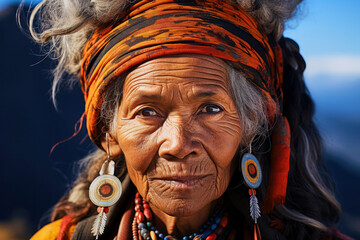 Portrait of native old shaman gray-haired wrinkled woman wearing traditional headscarf looking at camera with serious gaze