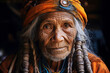 Portrait of native mature shaman gray-haired wrinkled man wearing traditional headscarf looking at camera with serious gaze close up