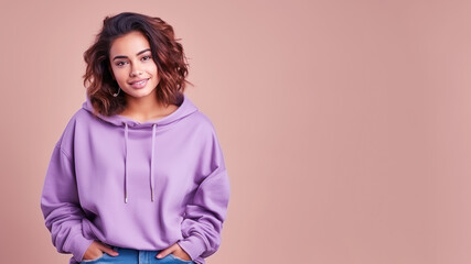 Sticker - An Indian woman wearing violet sweatshirt isolated on pastel background