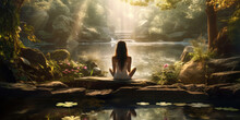 Woman Meditating In Front Of  Tranquil Waterfall And Pond. 