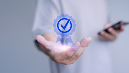 Poster - Customer hand show the best quality assurance with warranty icon