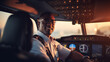 Pilot preparing for a flight in a cockpit, African American, blurred background, with copy space
