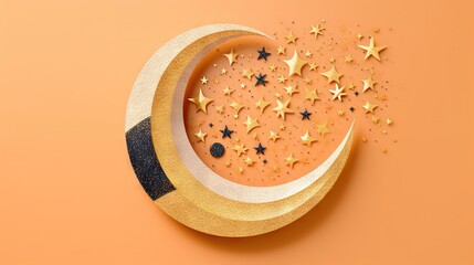 Poster -  a gold crescent with stars on a orange background with a black stripe.  generative ai