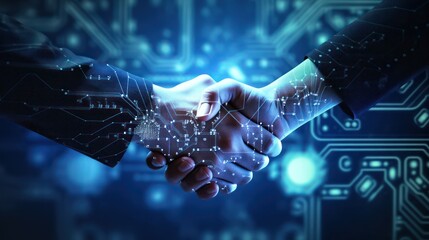 Digital handshake on blue technology background. Business partnership concept.