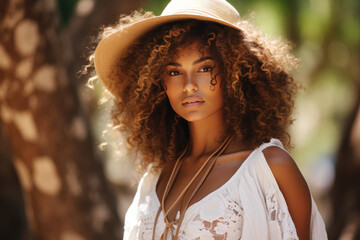 Afro-american woman model wearing a white sundress in the garden